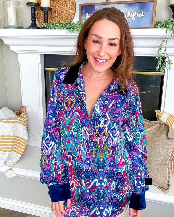 Multicolor Blue, Purple & Green Aztec Swirl Graphic Print with Velvet Detail Long Sleeve Blouse