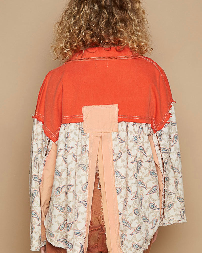 Cotton Orange Coral Mix Media Boho Button Down Long Sleeve Crop Hi Lo Jacket