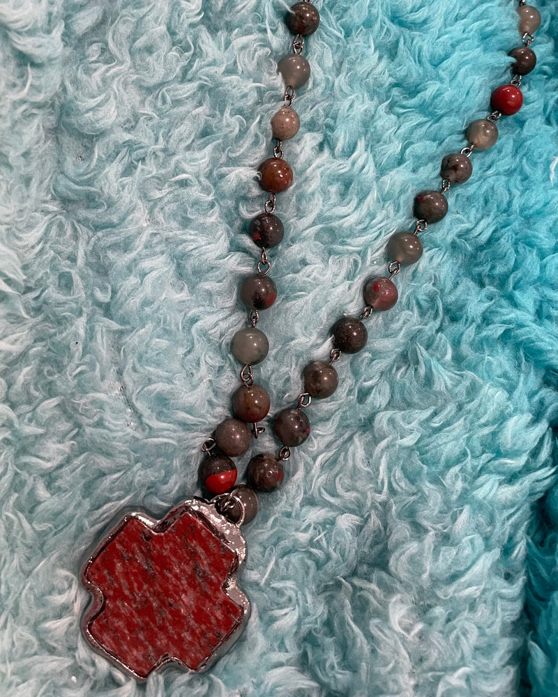 Reddish Brown Beaded Necklace with Stone Cross Pendant