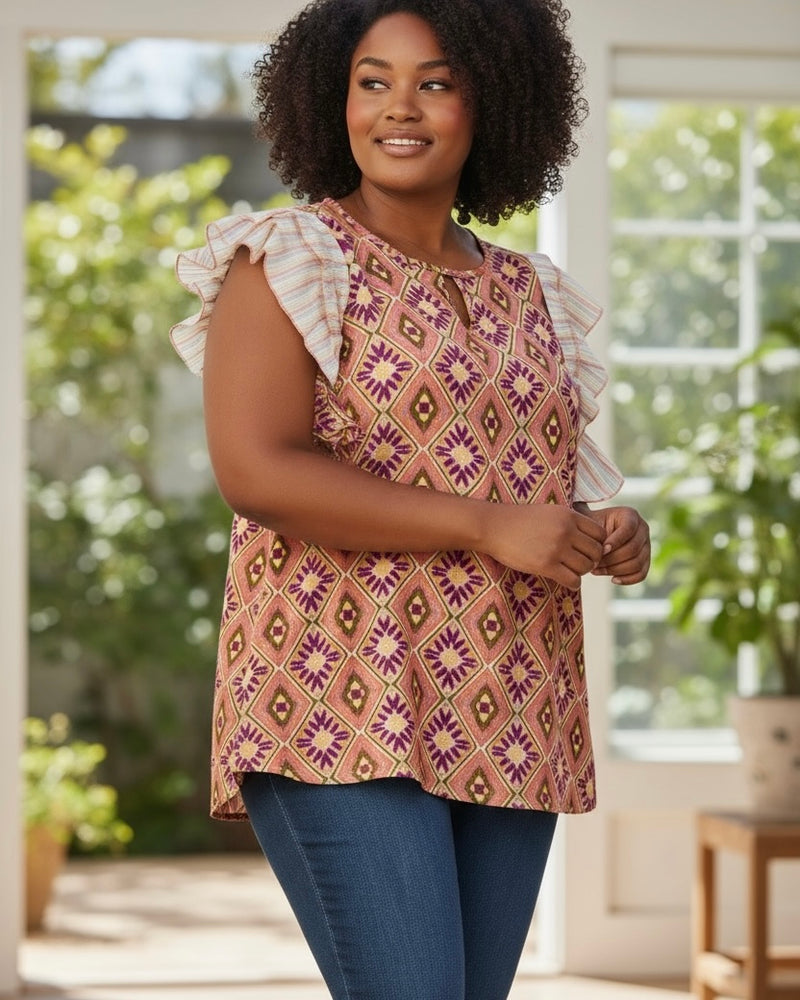 Plus Size Mix Media Blush Pink Graphic Diamond Print Contrast Striped Ruffle Short Sleeve Top