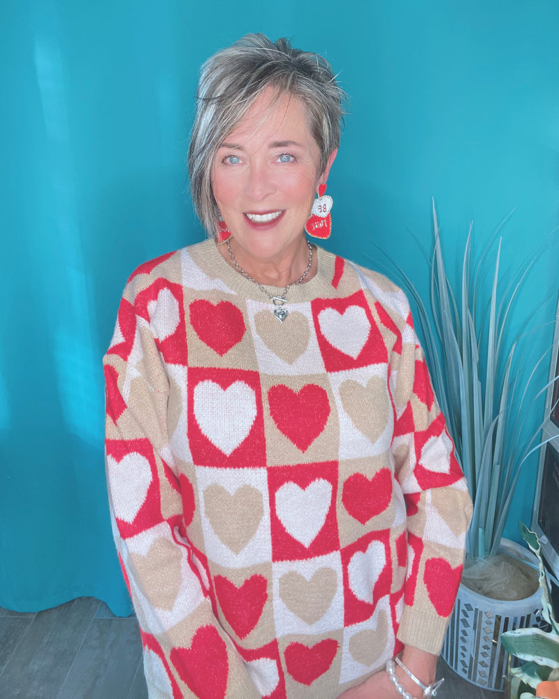 Red and Tan Valentine Heart Checkered Long Sleeve Sweater