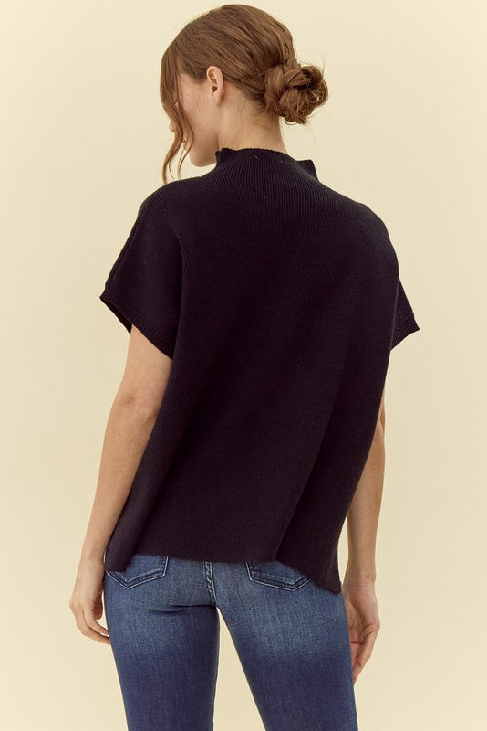 Classic Solid Black Boxy Short Dolman Sleeve Mock Neck Sweater