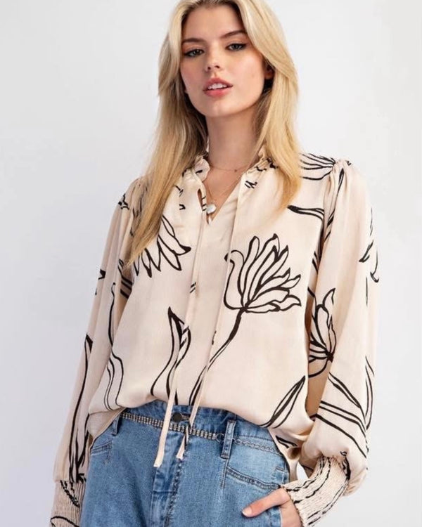 Cream Champagne & Black Graphic Ruffle Open Tie Neck Long Sleeve Top