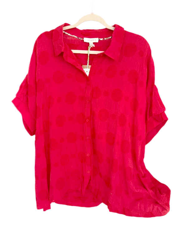 Plus Size Red Textured Polka Dot Circle Button Collared Short Sleeve Top