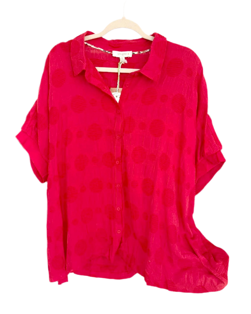 Plus Size Red Textured Polka Dot Circle Button Collared Short Sleeve Top