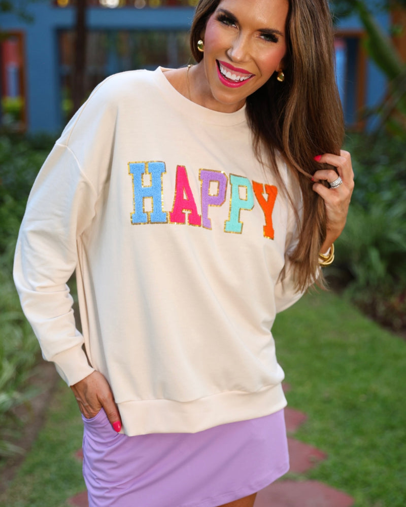 Ivory Cream "Happy" Chenille Patch Long Sleeve Sweatshirt