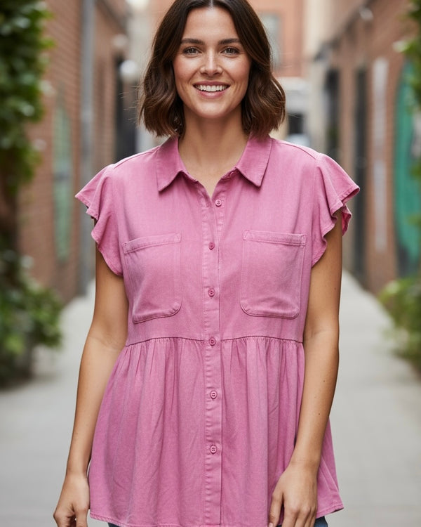 Pink Mineral Faded Acid Wash Short Sleeve Button Front Pocket Babydoll Top