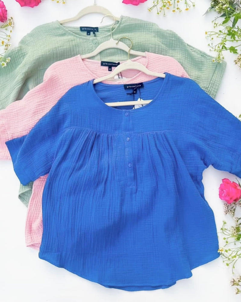 Blue, Mint Green or Light Pink Cotton Gauze Short Sleeve Round Button Neck Top