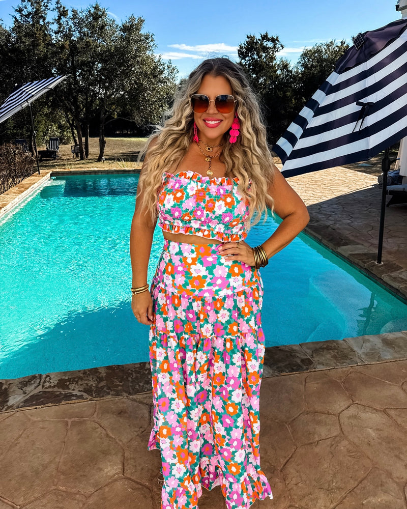 3 Pc Amalfi Floral Pink & Orange Smocked Bandeau Style Top & High Coverage Bottom Swimsuit w/Coverup Skirt