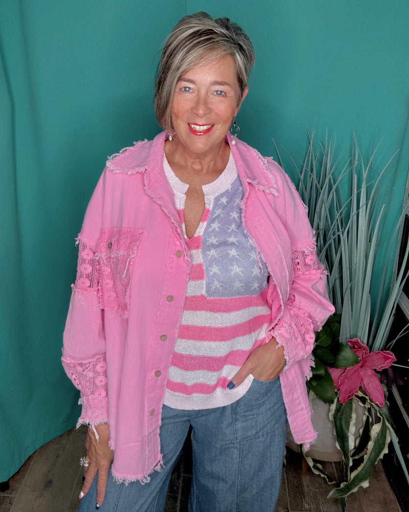 Pink Light Faded Flag Patriotic Stars & Stripes Patriotic Sleeveless Lightweight Sweater Knit  Tank Top