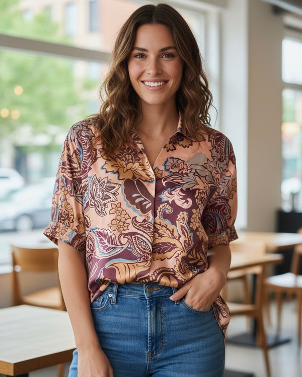 Brown on Brown & Blue Satin 3/4 Sleeve Open VNeck Blouse