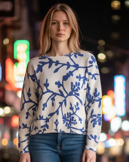 White with Blue Abstract Branch Print Long Sleeve Light Knit Top