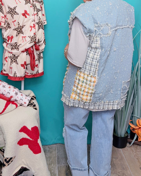 Denim Mix Patch Button Down Vest Jacket