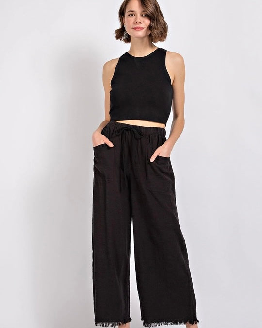 Black Linen Blend Wide Leg Frayed Hem Pants