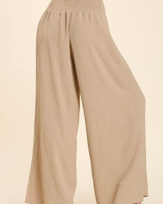 Khaki Tan Elastic Smock Waist Wide Leg Palazzo Pants