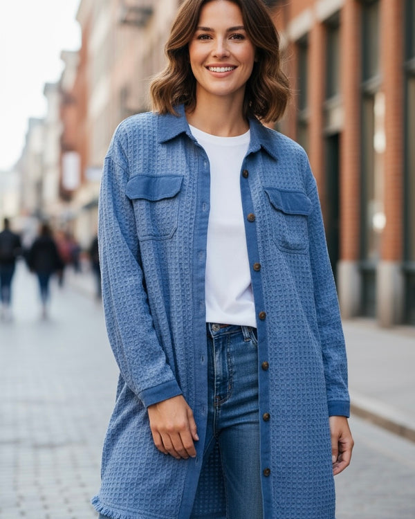 Denim Blue Waffle & Corduroy Trim Texture Frayed Edge Long Sleeve Shacket Dress