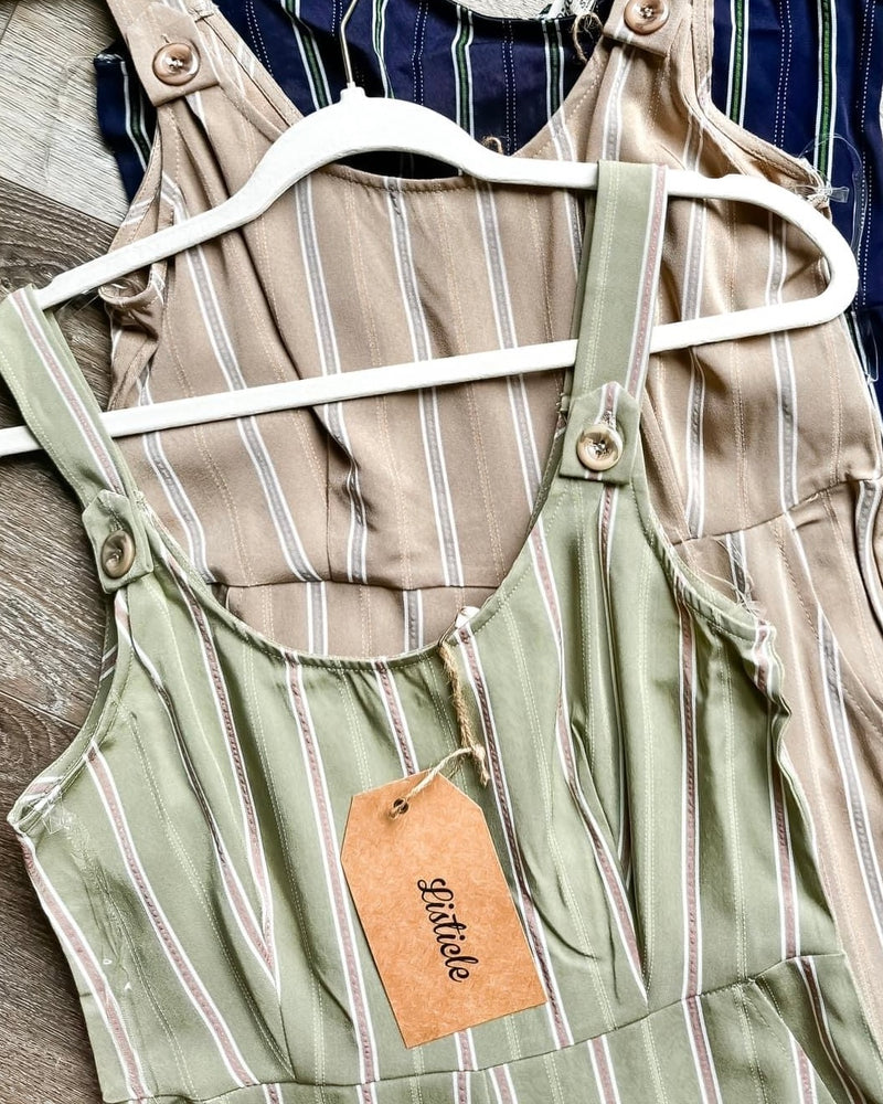 Olive Sage Green Striped Coverall Style Button Strap Sleeveless Pant Jumpsuit