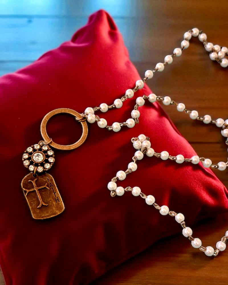 Long Pearl Necklace with Rhinestone & Metal Rectangle Cross Pendants