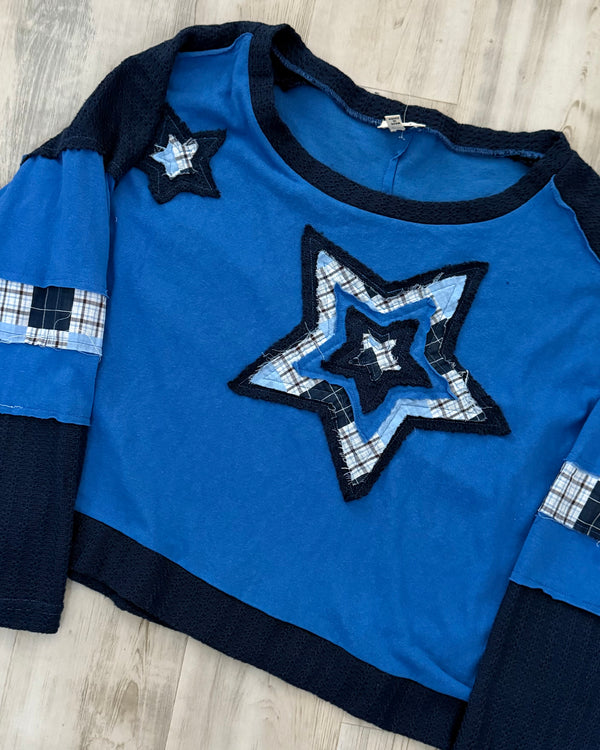 Boho Mix Blue Patch Star French Terry Long Sleeve Sweatshirt Top