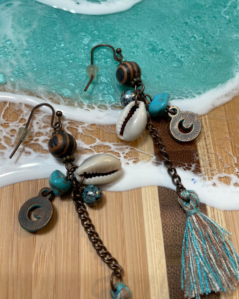 Turquoise Blue Tassel Dangle Earrings with Shell & Turquoise Charms