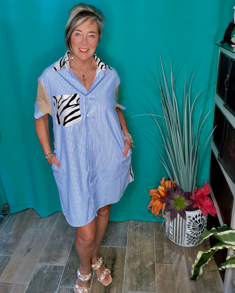 Blue White Stripe Contrasting Zebra Pocket Shirt Button Down Short Sleeve Dress