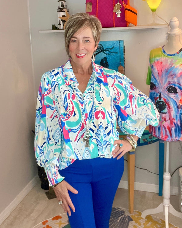 Blue, Turquoise & Pink Multicolor Tropical Swirl Abstract Button Down Puff Elastic Long Sleeve Blouse