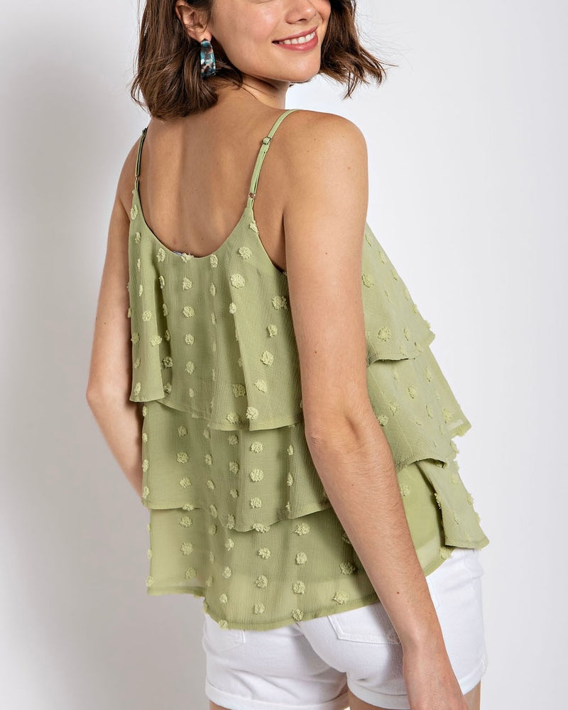 Sage Green Swiss Dot Layered Ruffle Adjustable Spaghetti Strap Tank