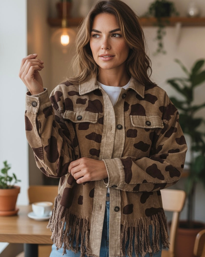 Brown on Brown Leopard Cow Animal Print Corduroy Buttoned Up Shirt Jacket