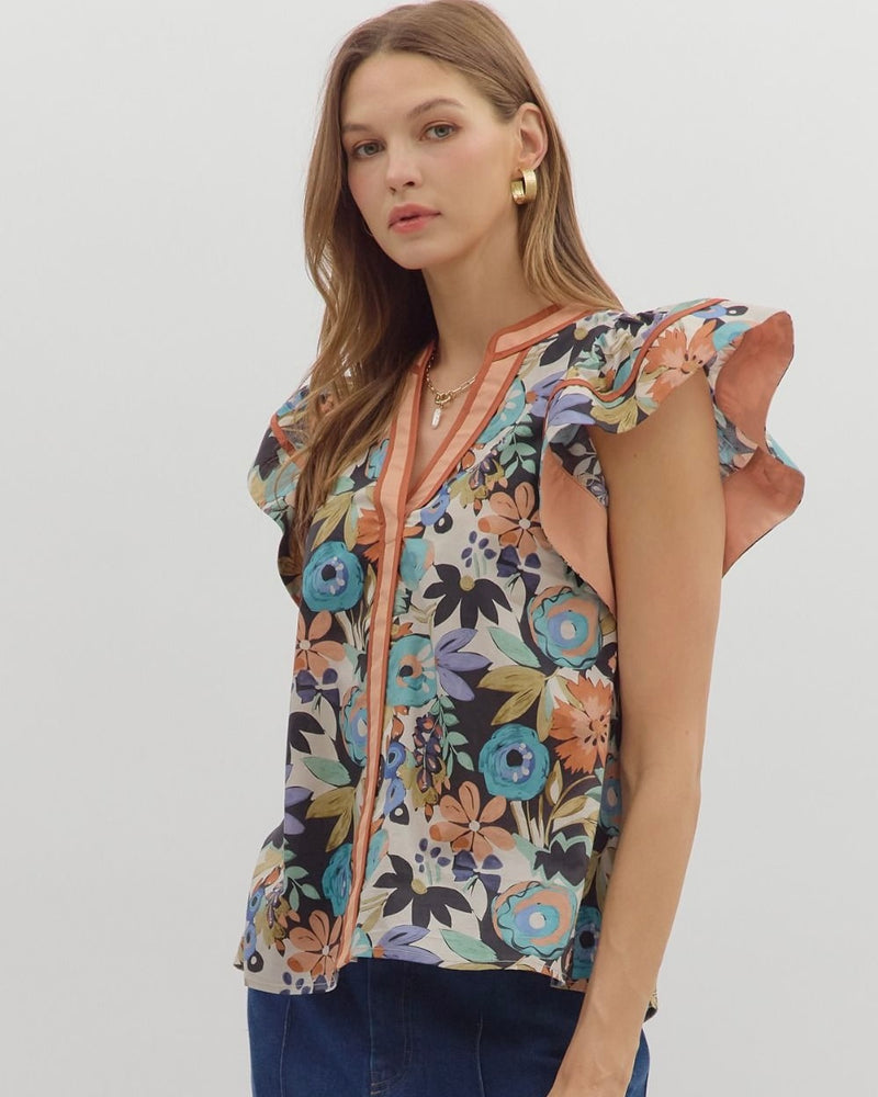 Cinnamon Rust & Blue Floral Print Flutter Ruffle Sleeve VNeck Band Top