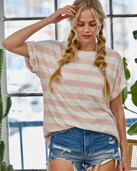 Pink & White Bold Oakley Stripe Short Sleeve Top