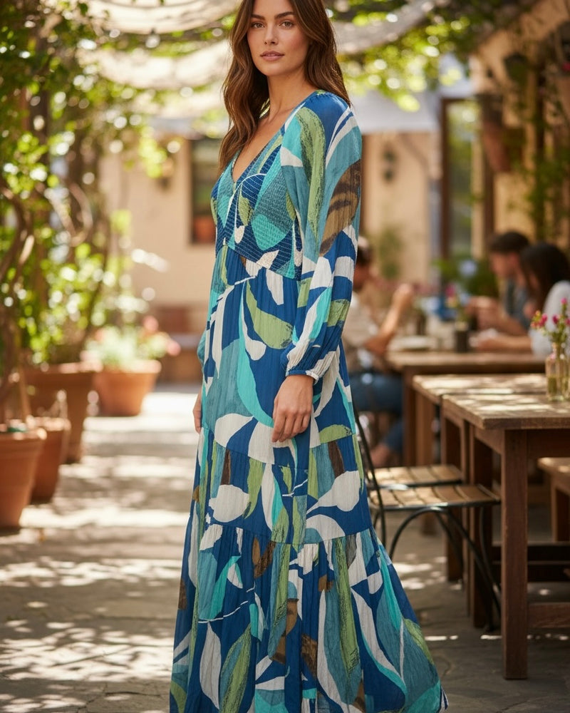 Blue & Green Abstract Print Flowy Long Sleeve Smock Maxi Dress