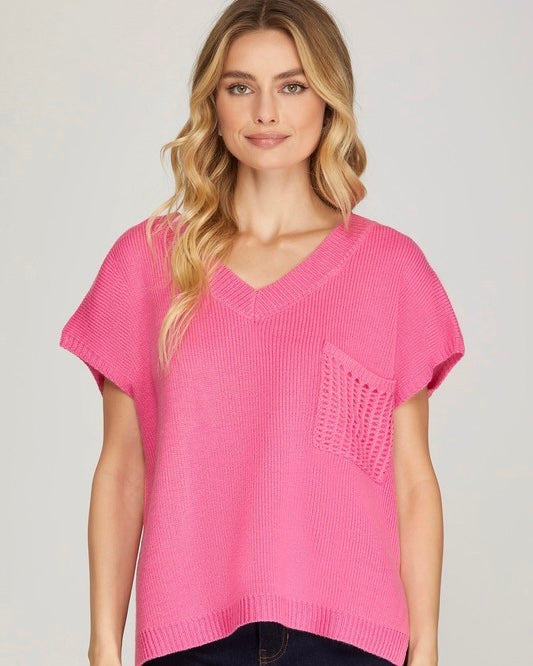 Solid Pink VNeck Short Sleeve Sweater Knit Top