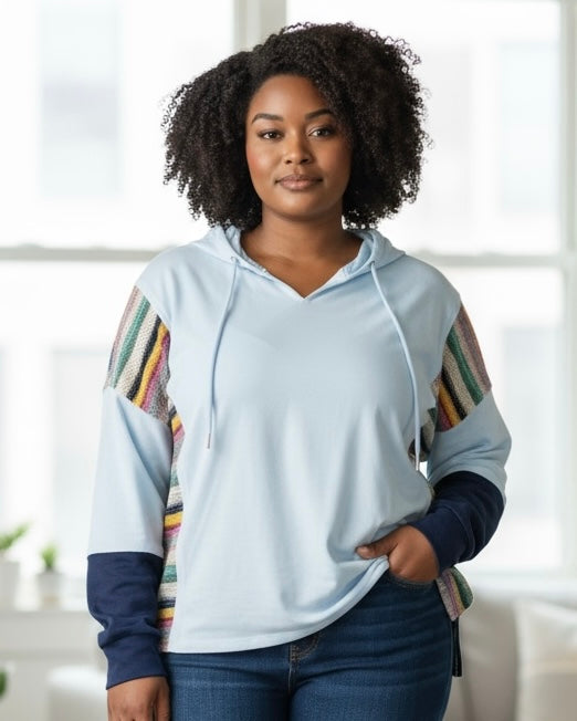 Blue, Cream, Terra Cotta or Navy Blue Color Block Stripe Contrast Long Sleeve Pullover Drawstring Hoodie Top