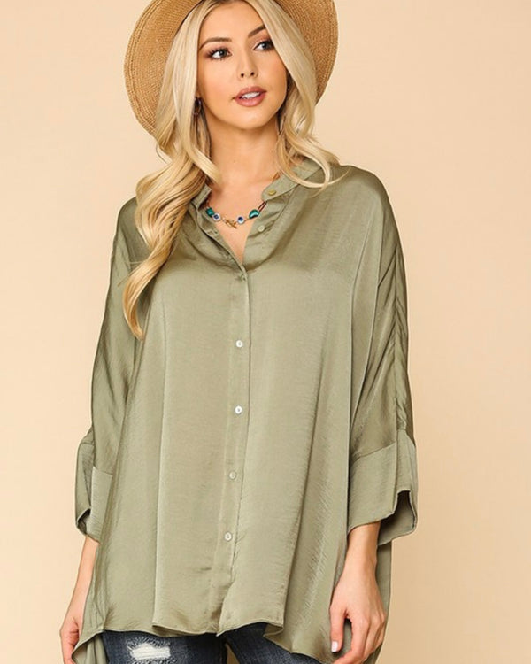 Sage Olive Green Washed Satin Button Front Hi-Lo 3/4 Sleeve Top