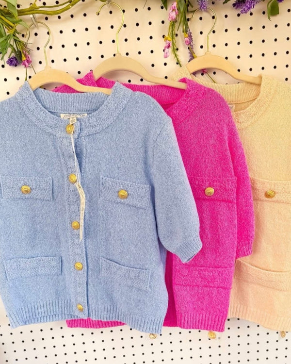 Pink, Cream or Blue Gold Button Front Short Sleeve Sweater Top