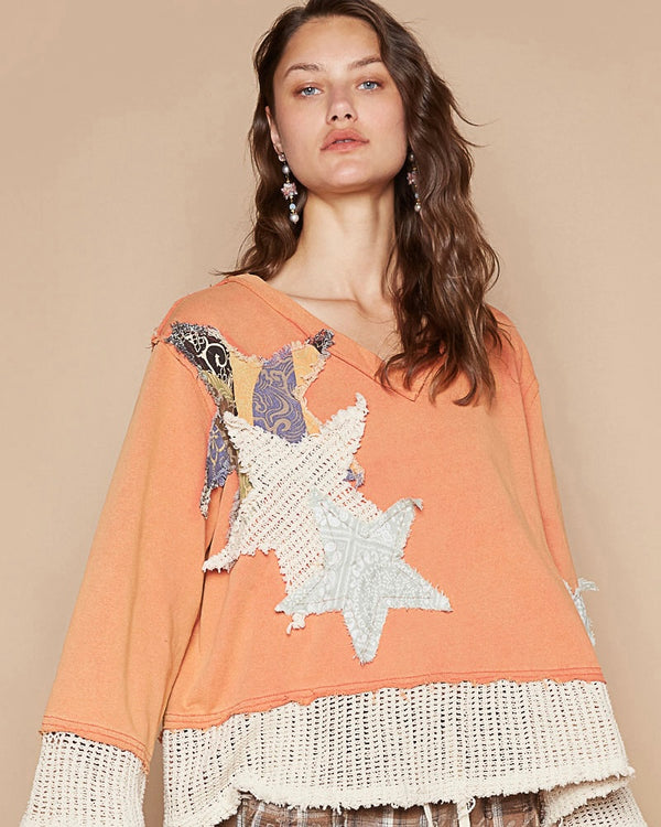 FALL Boho Papaya Orange Patch Star French Terry Long Sleeve Sweatshirt Top
