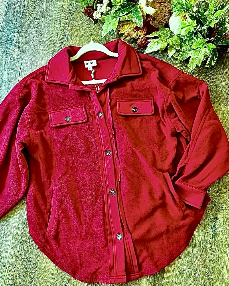 Burgundy Wine Fleece Button Down Long Sleeve Pocket Shacket