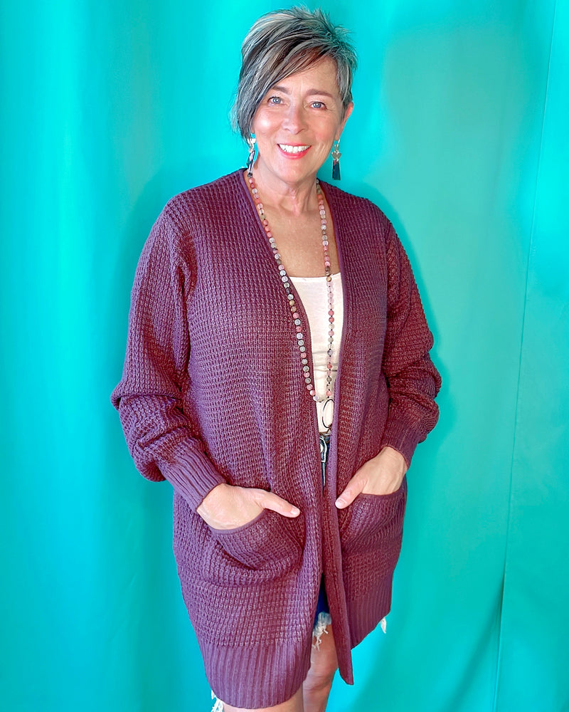 Purple Plum Eggplant Open Front Long Sleeve Pocket Sweater Knit Cardigan