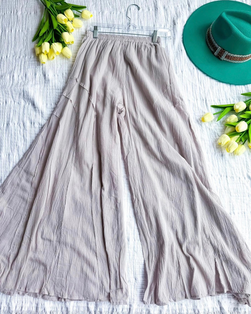 Khaki Gray Wide Flare Leg Elastic Waist Crinkle Pants