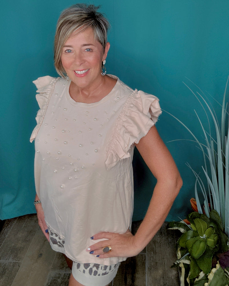 Natural Cream French Terry Round Neck Ruffle Cap Sleeve Pearl Embellished Top