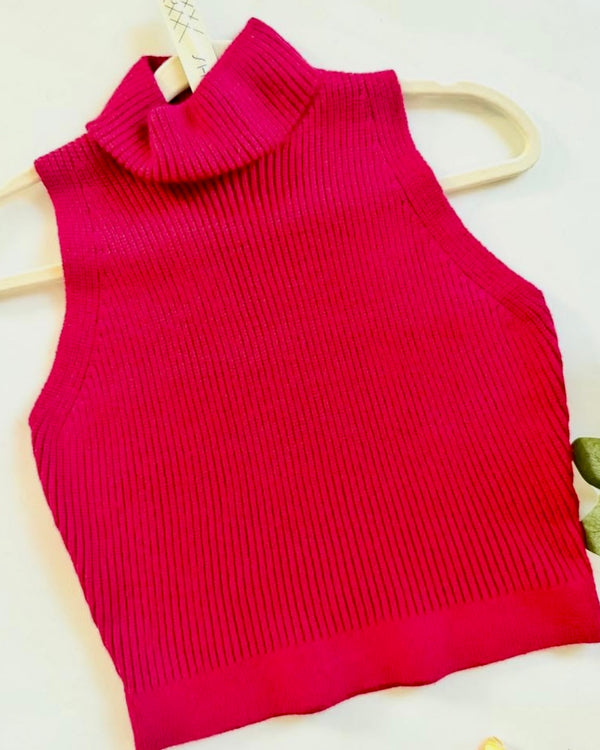 Magenta Hi Neck Sleeveless Knit Sweater Top