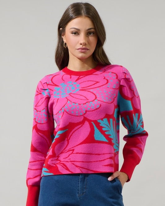 Pink, Red & Blue Abstract Flower Print Sweater Top