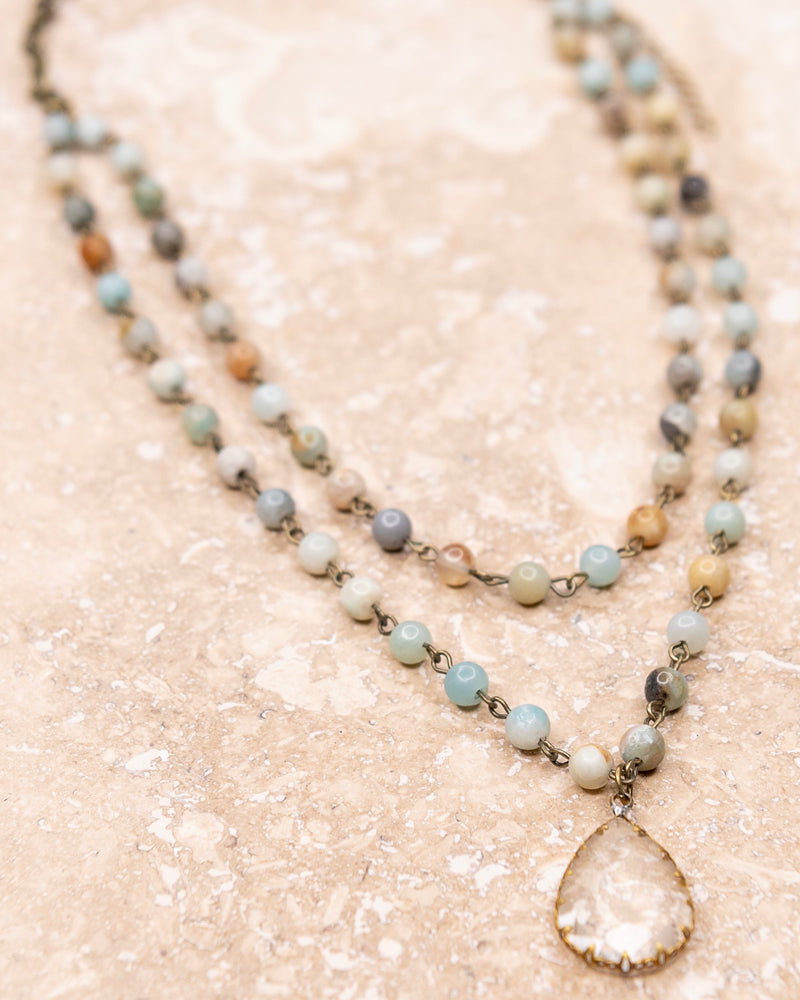 Double Strand Blue and Neutral Tone Long Beaded Crystal Pendant Necklace