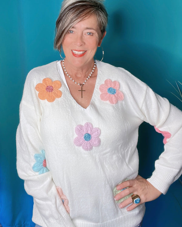 White VNeck Sweater with Multi Pastel Crochet Embroidery Flowers