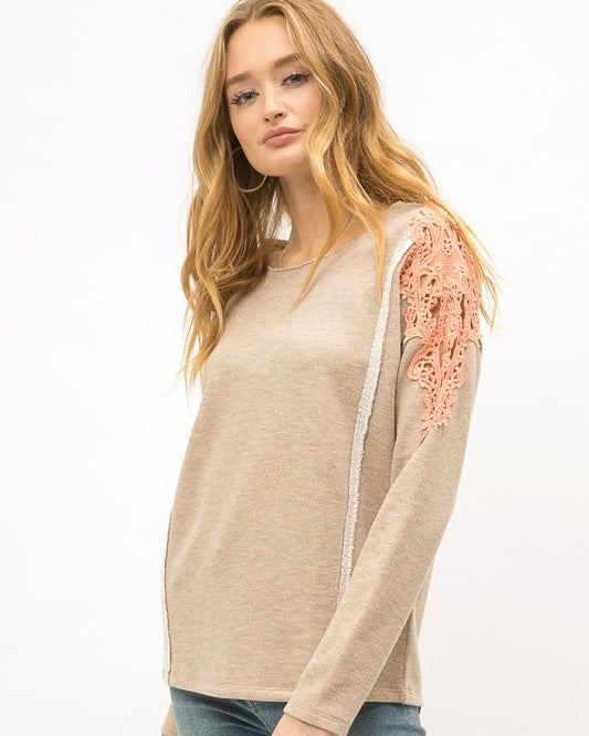Boho Khaki Oatmeal Lace Inset Shoulder Terry Sweatshirt Top