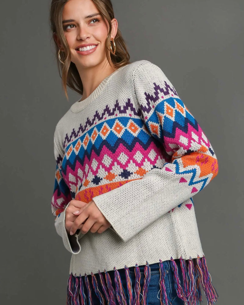 Black or White Multicolor Print Scoop Neck Boxy Drop Shoulder Fringe Sweater Top