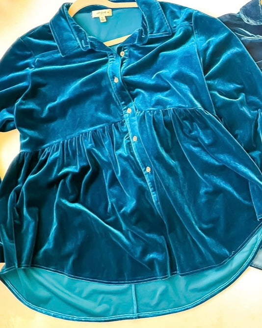 Raspberry Pink or Teal Blue Velvet Button Down Party Formal Tunic Top