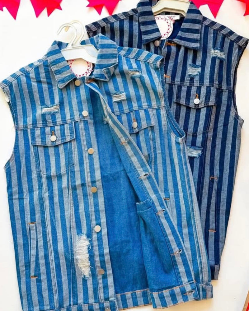 Blue Denim Vertical Stripe Distressed Button Front Sleeveless Tunic Vest Top