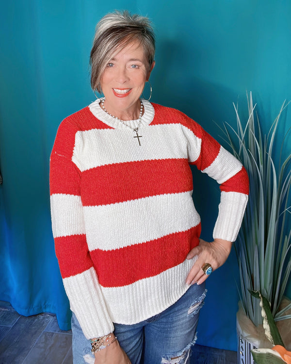 Bold Red & White Large Stripe Print Crew Neck Long Sleeve Sweater