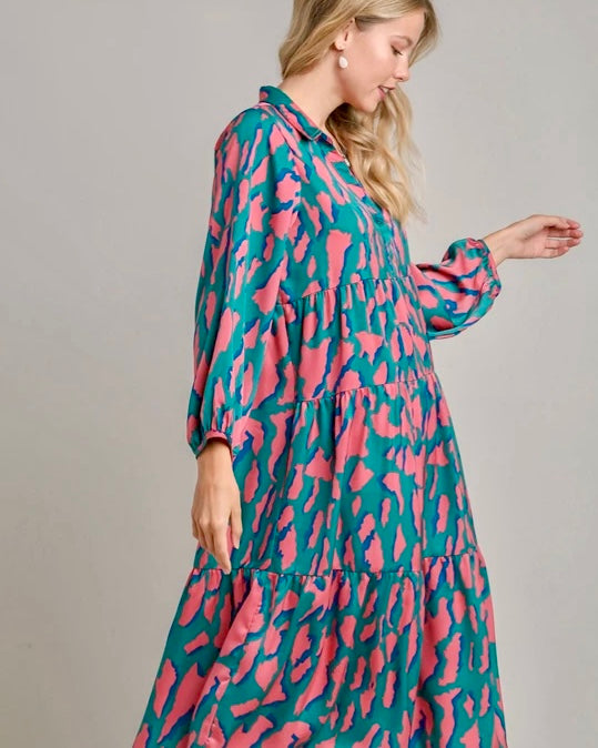 Pink, Blue & Teal Satin Animal Leopard Print 3/4 Sleeve Collared Midi Dress